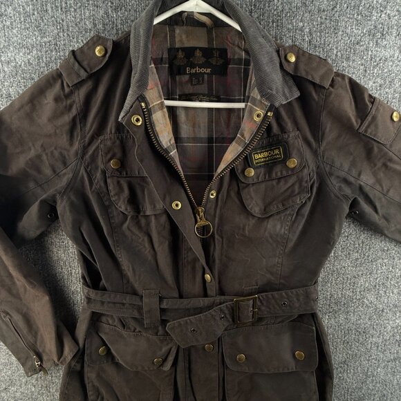 Barbour International USA 6 Waxed Jacket Women Zip Belted Cotton Canvas Gray